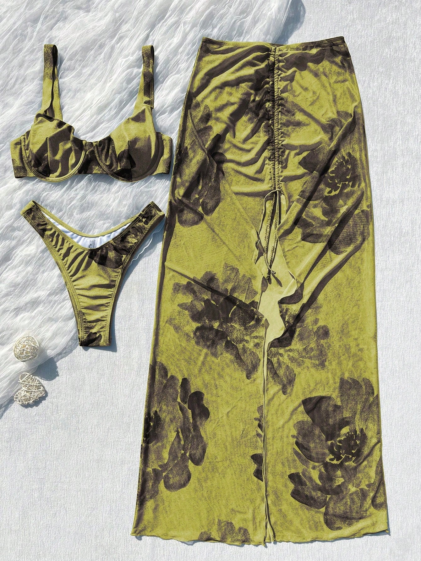 3pcs Women's Floral Bikini Set With Ombre Floral Print Mesh Maxi Skirt. The Tie-Up Mesh Maxi Skirt Creates A Fresh And Look Summer Vacation Beach