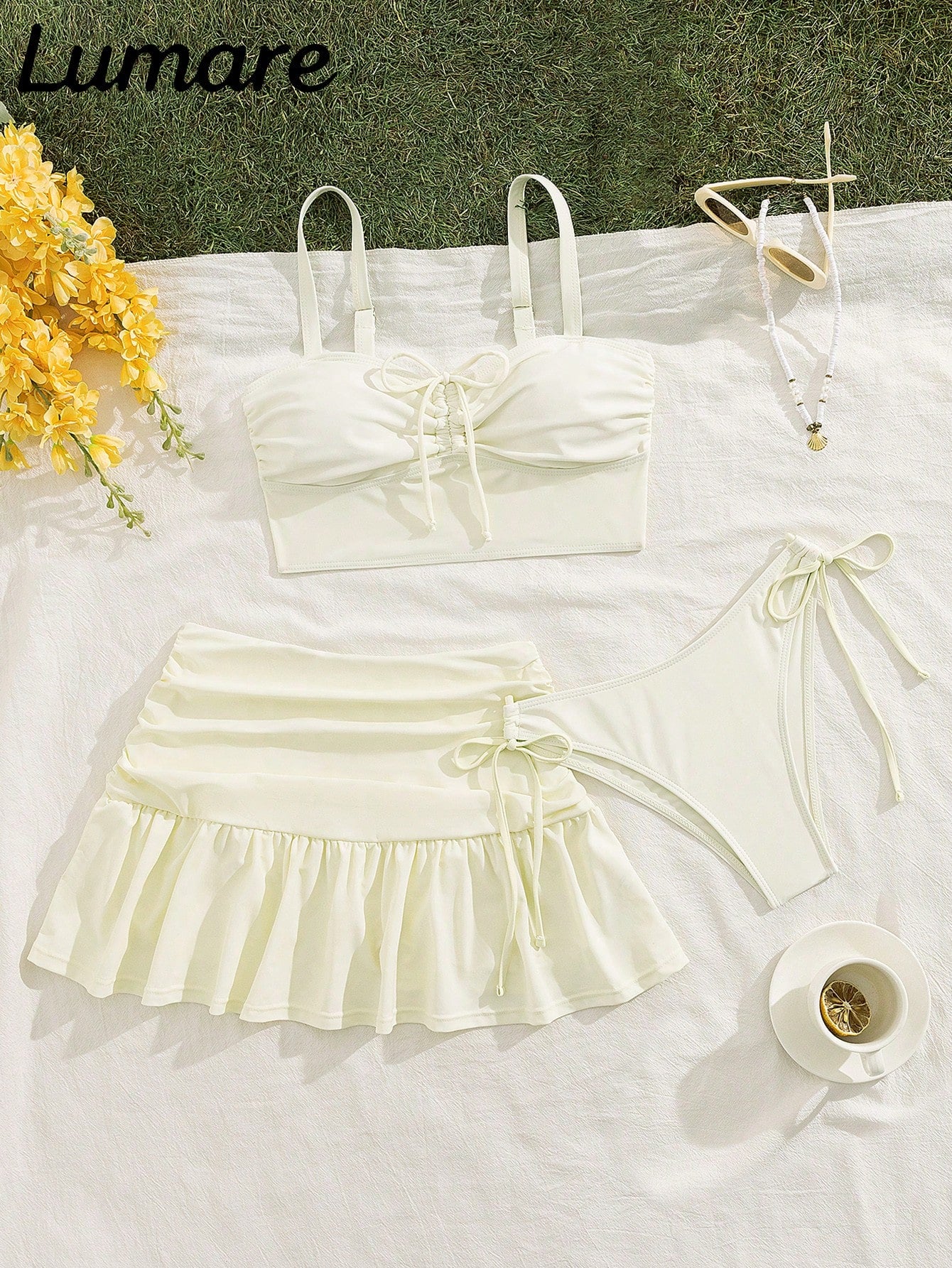 3pcs Women's Solid Color Sexy Casual Sports Shoulder Strap Top And Drawstring Swim Bottoms, Wavy Edge, Ruffle Pleated Mini Skirt, Medium Elastic Fabric, Holiday Bikini Set, Suitable For Vacation Beach