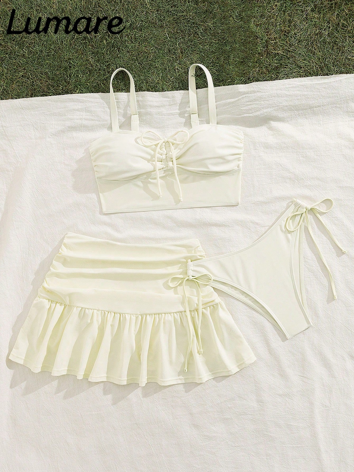 3pcs Women's Solid Color Sexy Casual Sports Shoulder Strap Top And Drawstring Swim Bottoms, Wavy Edge, Ruffle Pleated Mini Skirt, Medium Elastic Fabric, Holiday Bikini Set, Suitable For Vacation Beach