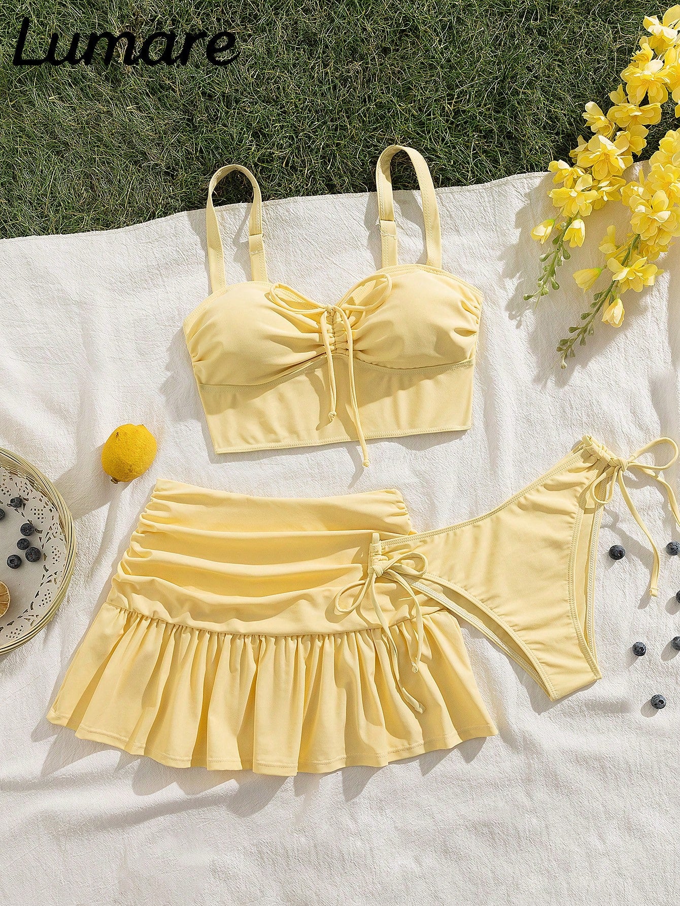 3pcs Women's Solid Color Sexy Casual Sports Shoulder Strap Top And Drawstring Swim Bottoms, Wavy Edge, Ruffle Pleated Mini Skirt, Medium Elastic Fabric, Holiday Bikini Set, Suitable For Vacation Beach