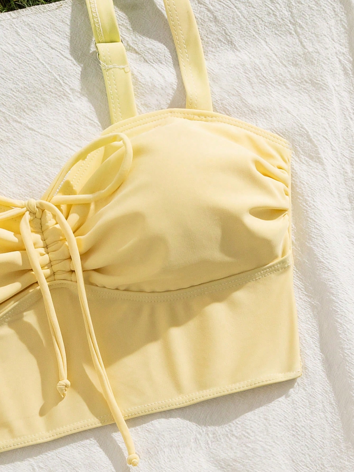3pcs Women's Solid Color Sexy Casual Sports Shoulder Strap Top And Drawstring Swim Bottoms, Wavy Edge, Ruffle Pleated Mini Skirt, Medium Elastic Fabric, Holiday Bikini Set, Suitable For Vacation Beach
