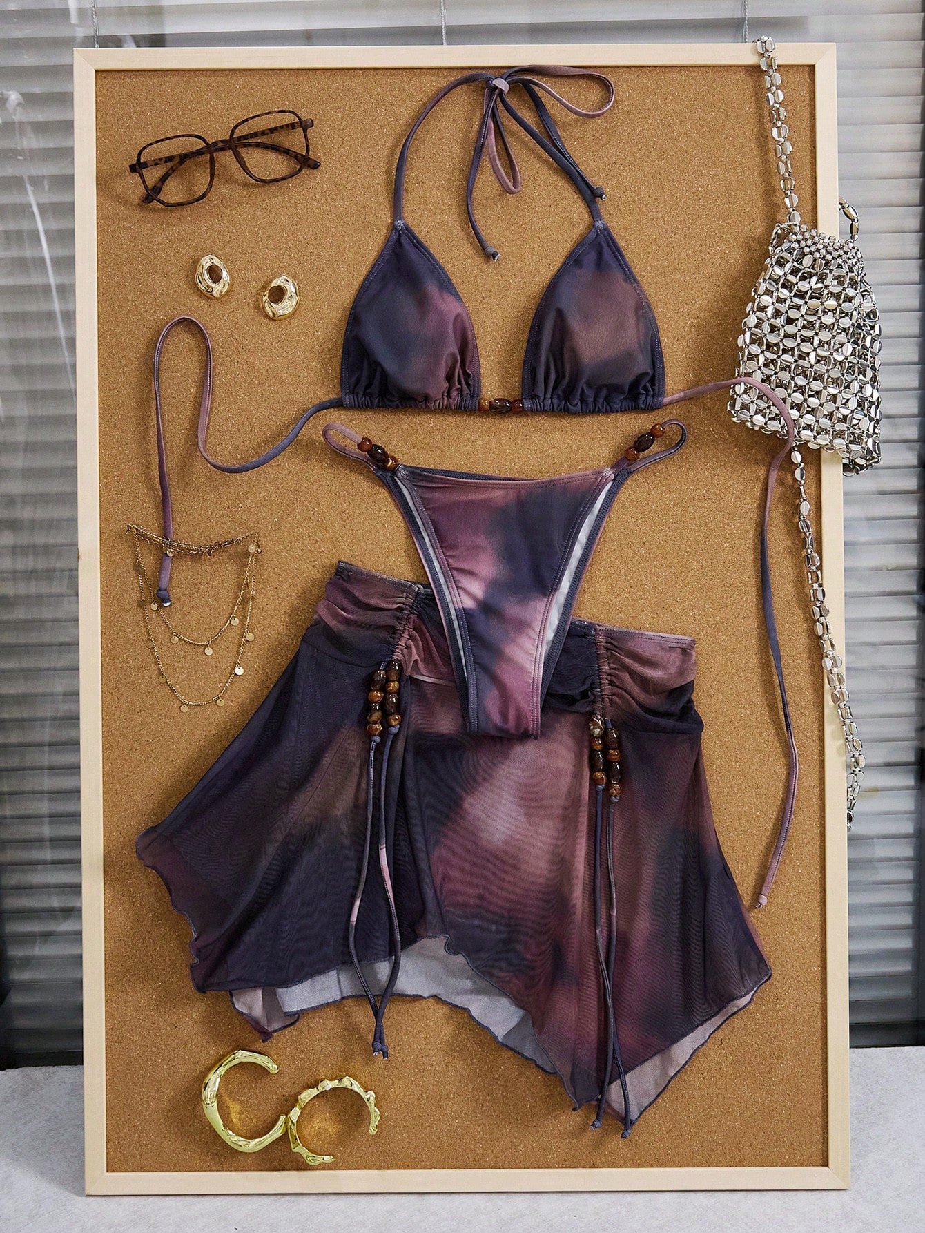 3pcs Women's Tie-Dye Tie Dye Print Halter Neck Bikini Set With Tassel Bead Decor Sheer Printed Beach Dress, Suitable For Beach, Vacation And Pool Party Summer