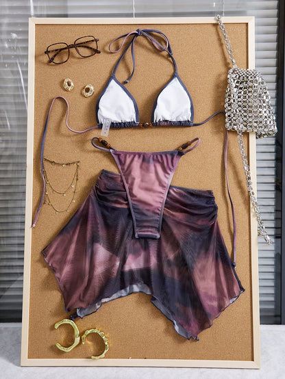 3pcs Women's Tie-Dye Tie Dye Print Halter Neck Bikini Set With Tassel Bead Decor Sheer Printed Beach Dress, Suitable For Beach, Vacation And Pool Party Summer