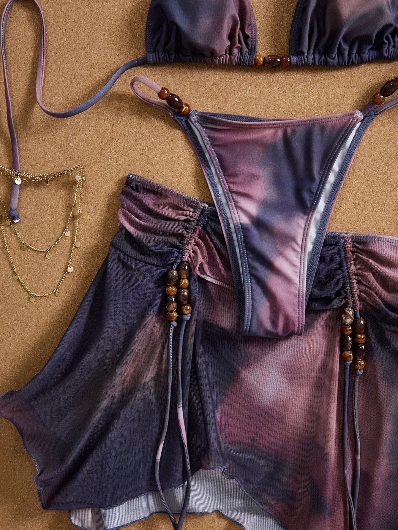 3pcs Women's Tie-Dye Tie Dye Print Halter Neck Bikini Set With Tassel Bead Decor Sheer Printed Beach Dress, Suitable For Beach, Vacation And Pool Party Summer
