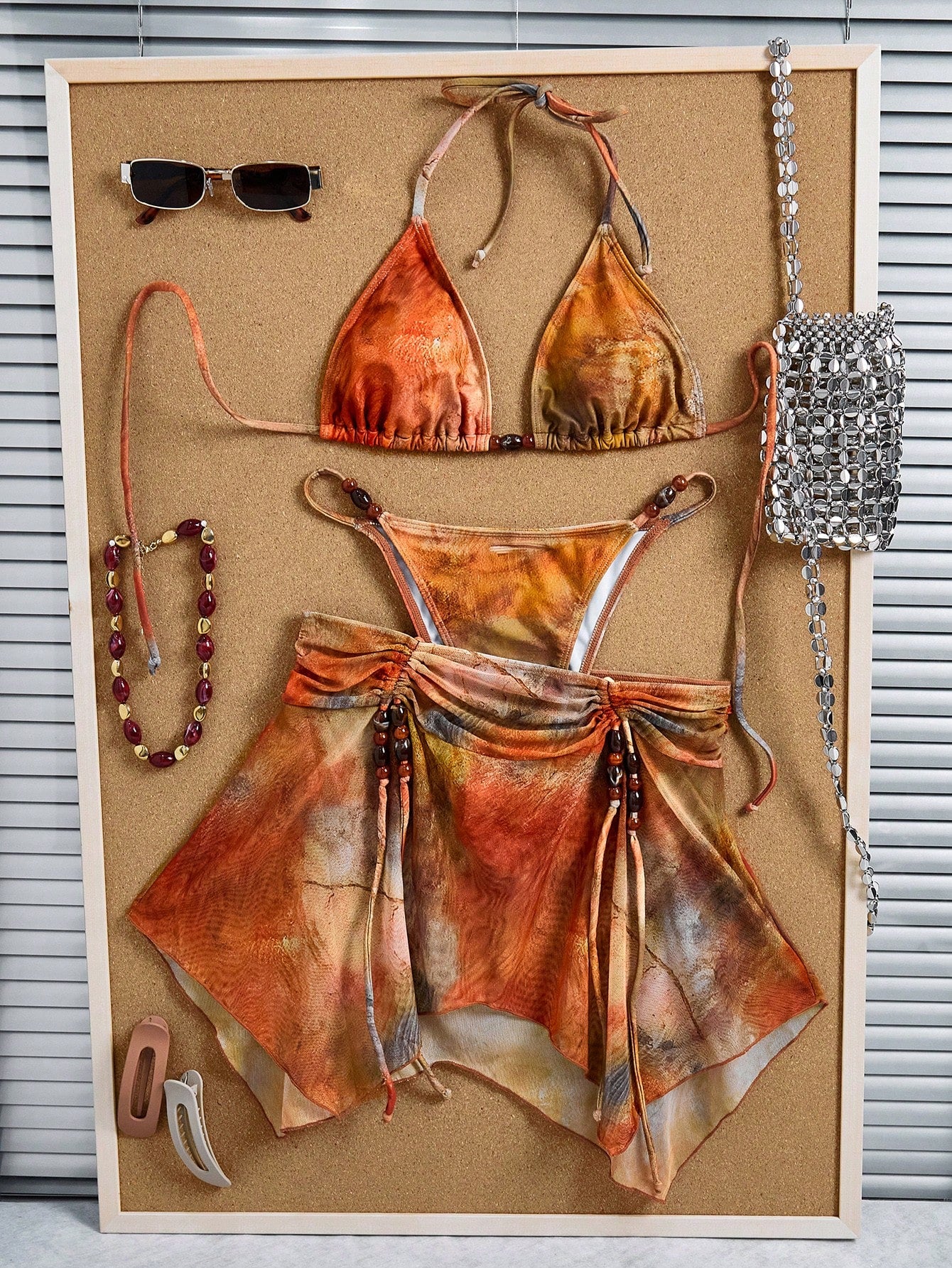 3pcs Women's Tie-Dye Tie Dye Print Halter Neck Bikini Set With Tassel Bead Decor Sheer Printed Beach Dress, Suitable For Beach, Vacation And Pool Party Summer