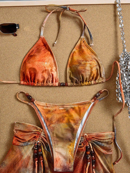 3pcs Women's Tie-Dye Tie Dye Print Halter Neck Bikini Set With Tassel Bead Decor Sheer Printed Beach Dress, Suitable For Beach, Vacation And Pool Party Summer