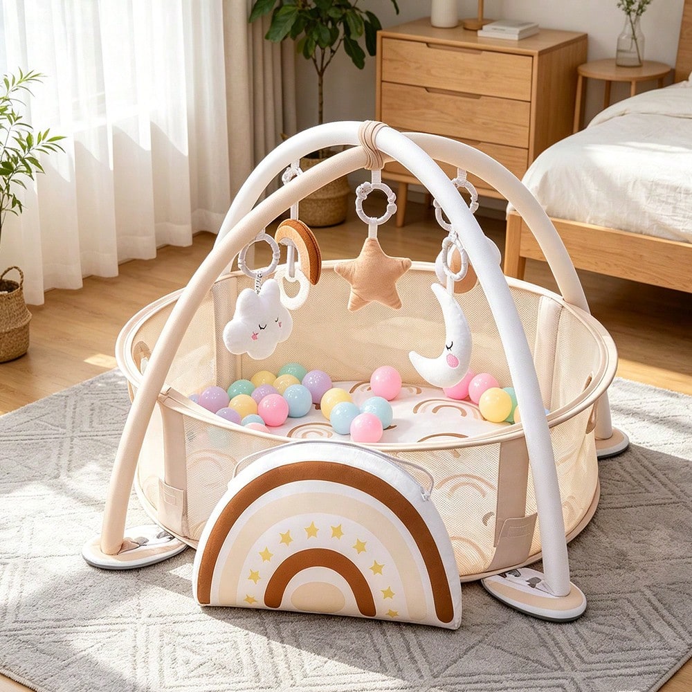 4-In-1 Baby Play Mat Baby Gym,Tummy Time Mat For Floor Activity Gym Ball Pit Including 30 Balls With 5 Infant Learning Sensory Baby Toys For Newborn