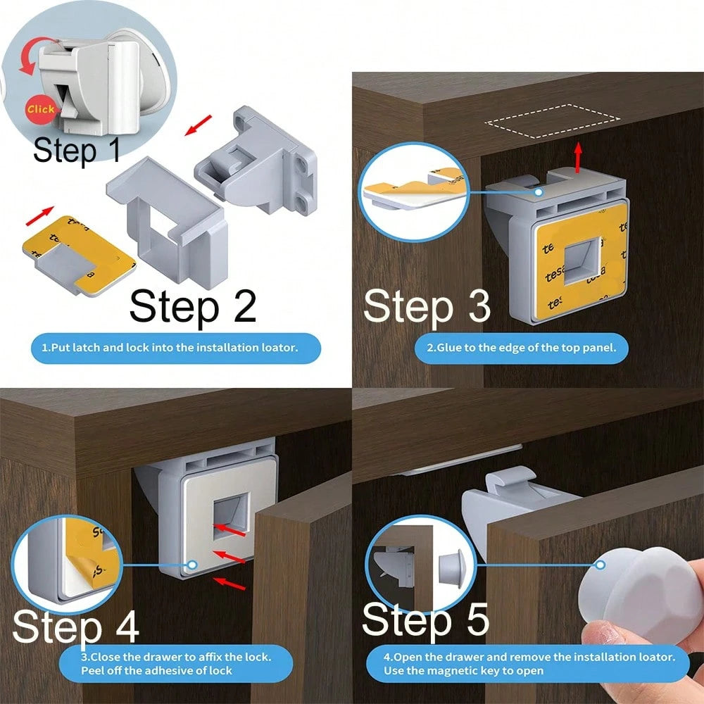 4-Pack Magnetic Cabinet Locks With 1 Key Set, Includes Installation Tools, Invisible Lock Suitable For Drawers, Cabinets, French Doors, Etc.