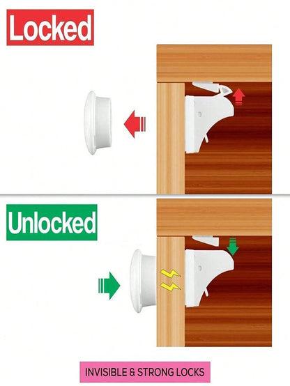 4-Pack Magnetic Cabinet Locks With 1 Key Set, Includes Installation Tools, Invisible Lock Suitable For Drawers, Cabinets, French Doors, Etc.