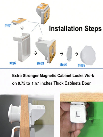 4-Pack Magnetic Cabinet Locks With 1 Key Set, Includes Installation Tools, Invisible Lock Suitable For Drawers, Cabinets, French Doors, Etc.