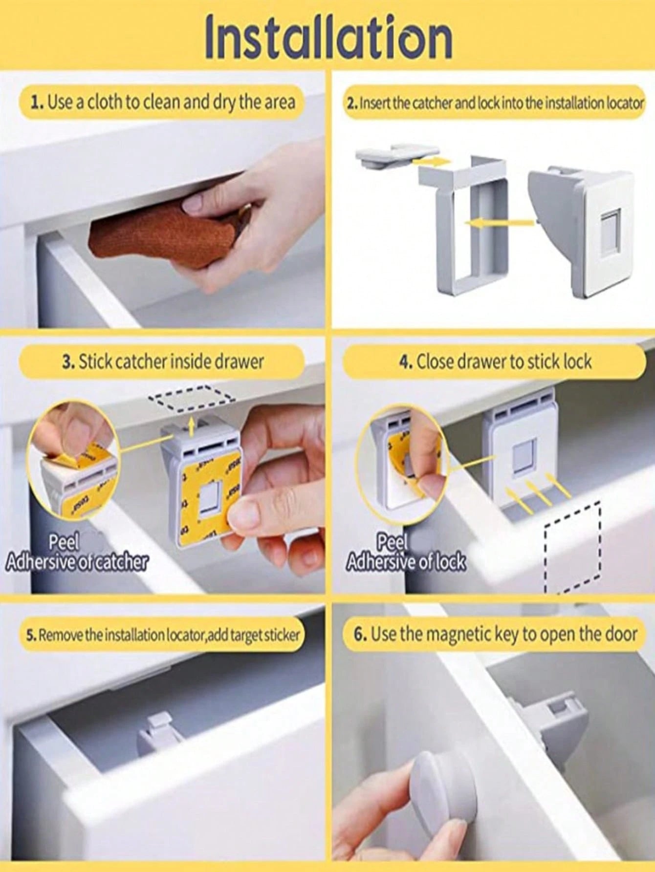 4-Pack Magnetic Cabinet Locks With 1 Key Set, Includes Installation Tools, Invisible Lock Suitable For Drawers, Cabinets, French Doors, Etc.