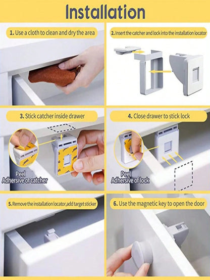 4-Pack Magnetic Cabinet Locks With 1 Key Set, Includes Installation Tools, Invisible Lock Suitable For Drawers, Cabinets, French Doors, Etc.