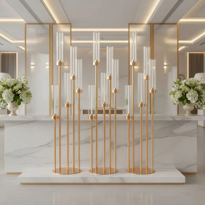 4-Piece Gold Floor Candlestick Set, 5-Arm Tall Candlestick With Acrylic Lampshade, Suitable For Wedding Tables, Birthday Parties, Home Décor, And LED Cone Candles.