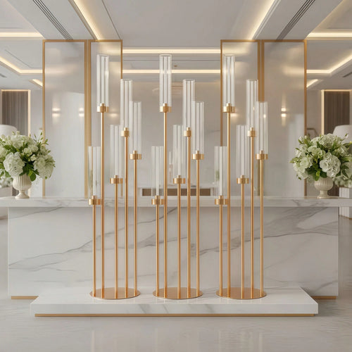 4-Piece Gold Floor Candlestick Set, 5-Arm Tall Candlestick With Acrylic Lampshade, Suitable For Wedding Tables, Birthday Parties, Home Décor, And LED Cone Candles.