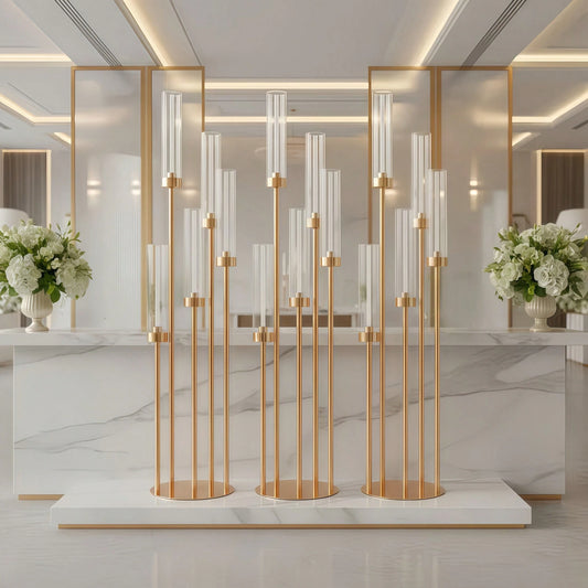 4-Piece Gold Floor Candlestick Set, 5-Arm Tall Candlestick With Acrylic Lampshade, Suitable For Wedding Tables, Birthday Parties, Home Décor, And LED Cone Candles.