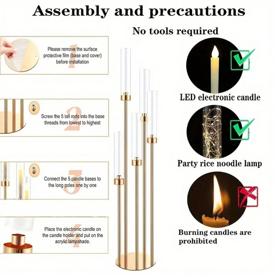 4-Piece Gold Floor Candlestick Set, 5-Arm Tall Candlestick With Acrylic Lampshade, Suitable For Wedding Tables, Birthday Parties, Home Décor, And LED Cone Candles.