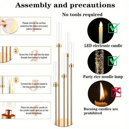 4-Piece Gold Floor Candlestick Set, 5-Arm Tall Candlestick With Acrylic Lampshade, Suitable For Wedding Tables, Birthday Parties, Home Décor, And LED Cone Candles.