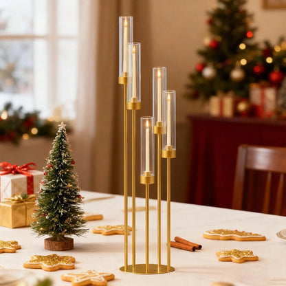 4-Piece Gold Floor Candlestick Set, 5-Arm Tall Candlestick With Acrylic Lampshade, Suitable For Wedding Tables, Birthday Parties, Home Décor, And LED Cone Candles.