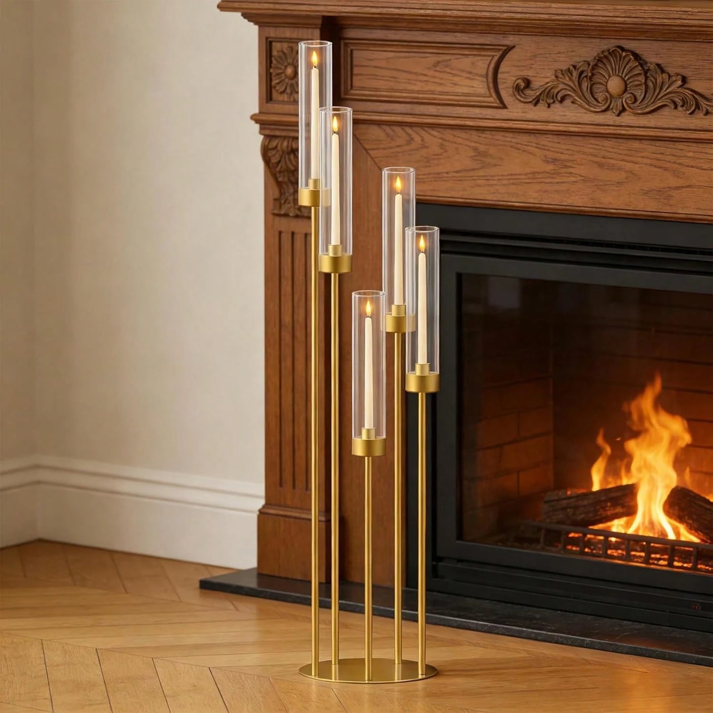 4-Piece Gold Floor Candlestick Set, 5-Arm Tall Candlestick With Acrylic Lampshade, Suitable For Wedding Tables, Birthday Parties, Home Décor, And LED Cone Candles.