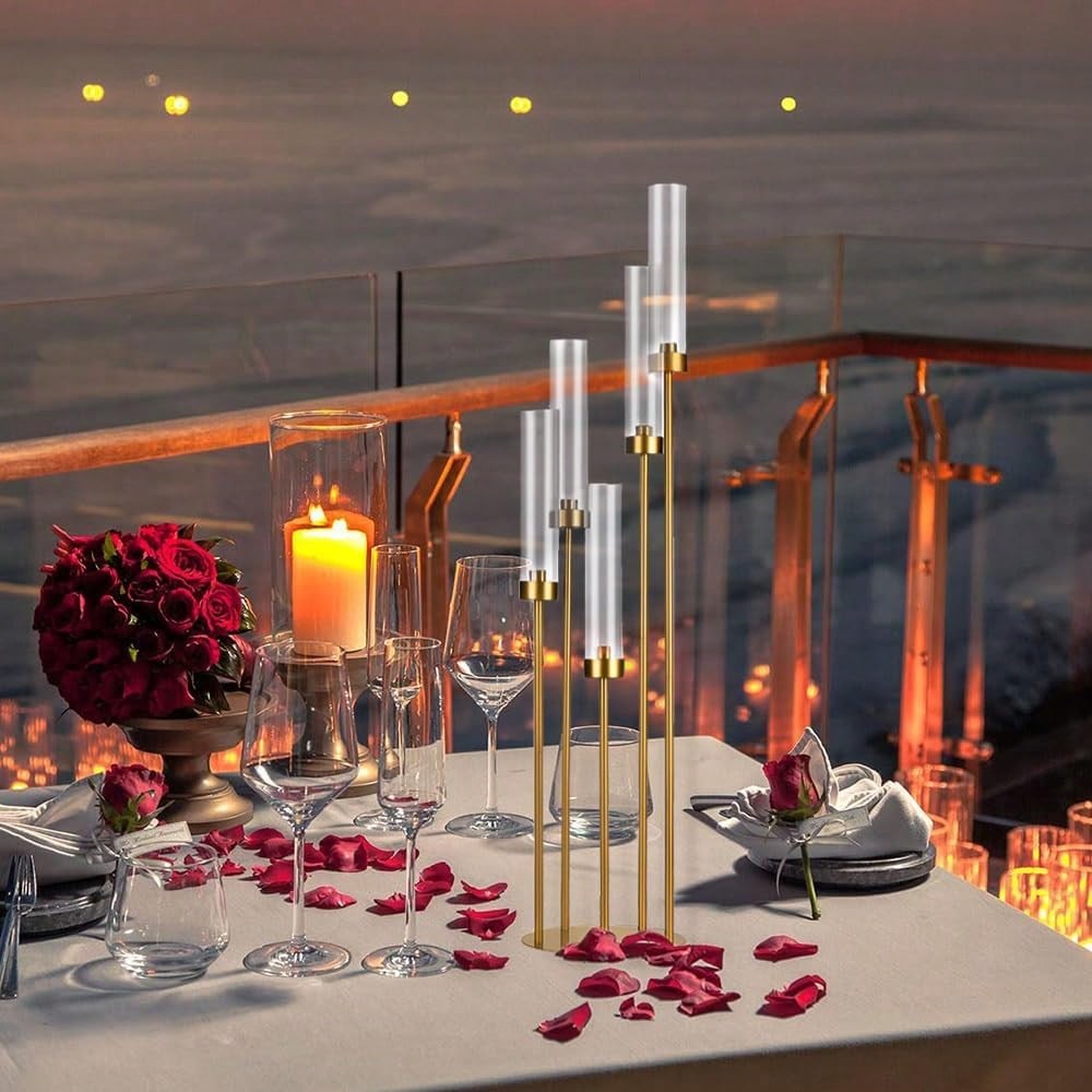 4-Piece Gold Floor Candlestick Set, 5-Arm Tall Candlestick With Acrylic Lampshade, Suitable For Wedding Tables, Birthday Parties, Home Décor, And LED Cone Candles.