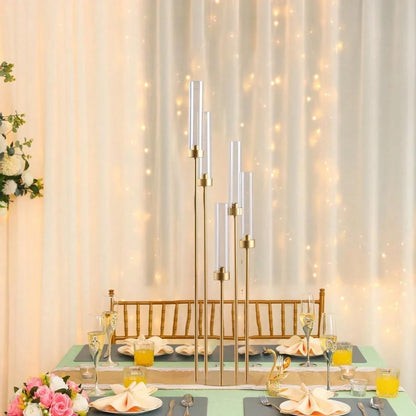4-Piece Gold Floor Candlestick Set, 5-Arm Tall Candlestick With Acrylic Lampshade, Suitable For Wedding Tables, Birthday Parties, Home Décor, And LED Cone Candles.