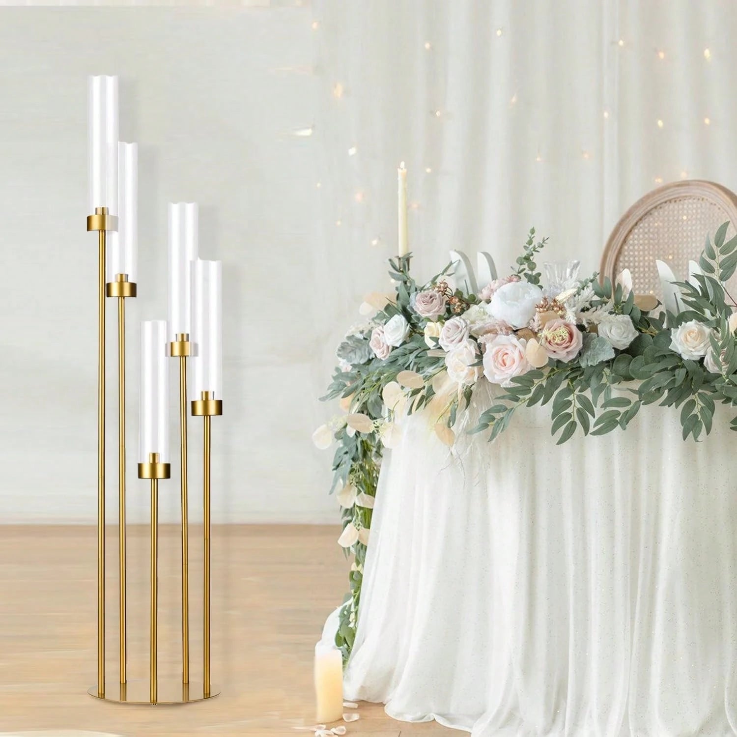 4-Piece Gold Floor Candlestick Set, 5-Arm Tall Candlestick With Acrylic Lampshade, Suitable For Wedding Tables, Birthday Parties, Home Décor, And LED Cone Candles.