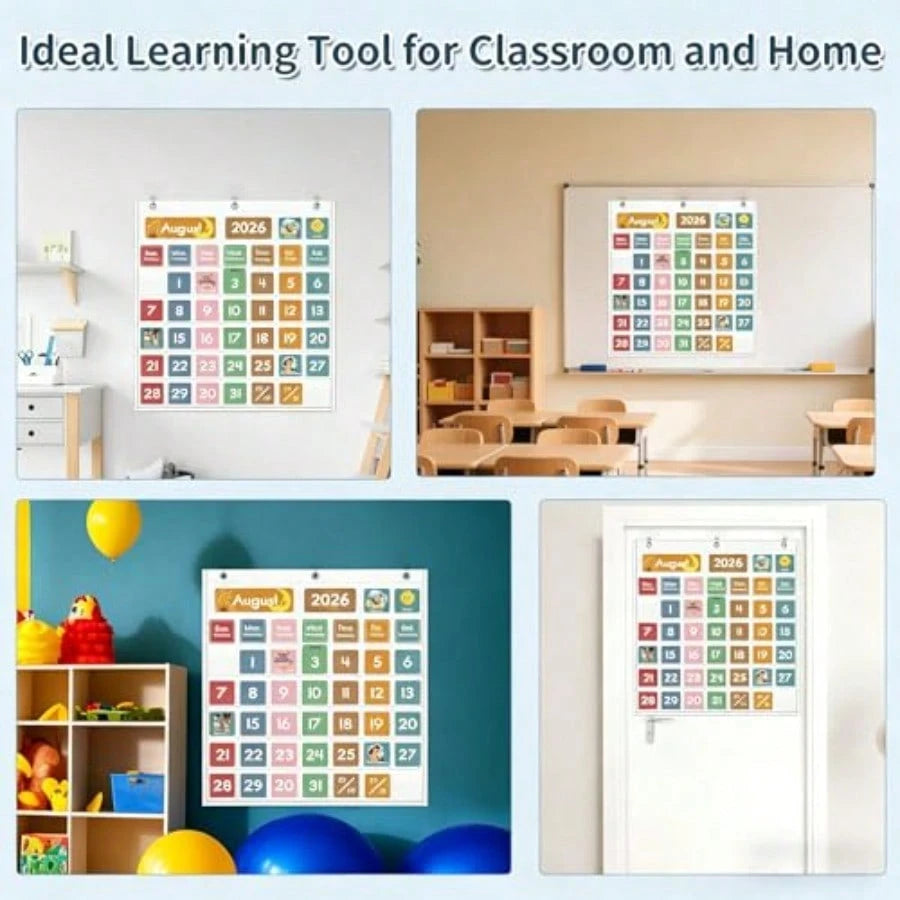 46 Pockets Classroom Calendar Pocket Chart With 77 Cards, Daily Monthly Learning Calendar For Circle Time Weather Seasons, Preschool Kindergarten Homeschool Must Have, Teacher Essential Supplies White