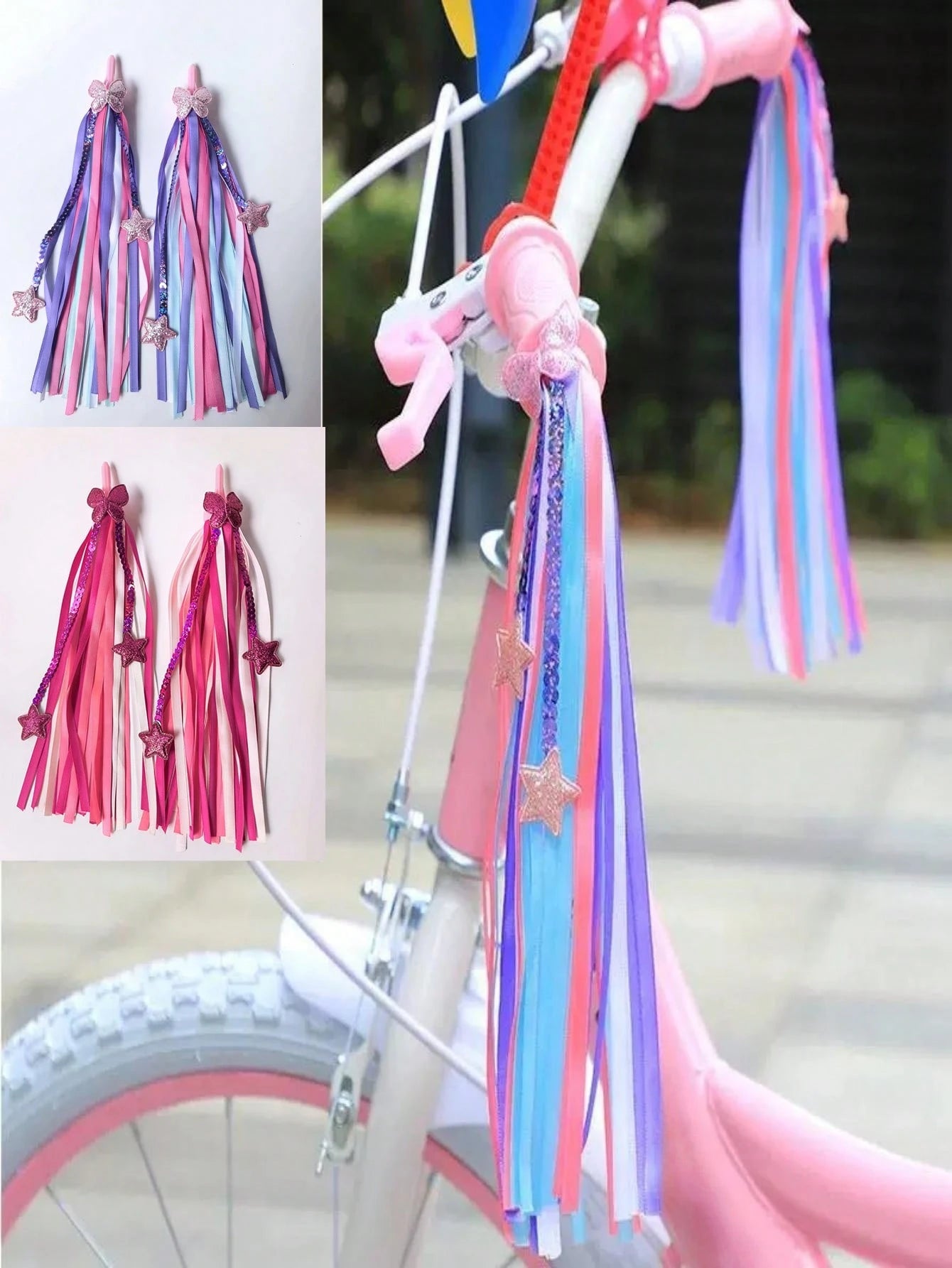 4PCS/2PCS Latest Bicycle Handlebar Streamers, Shiny Diamond/Star/Butterfly/Snowflake Colorful Ribbons, High-Quality Material Easy To Install And Remove, Skateboard, Balance Bike, Bicycle Decoration Ac
