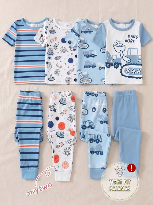 4pcs Baby Boy Comfortable Soft High Elastic Ribbed Fabric Planet Stripe All-Over Print Short Sleeve Crew Neck Long Pants Tight Pajama Set