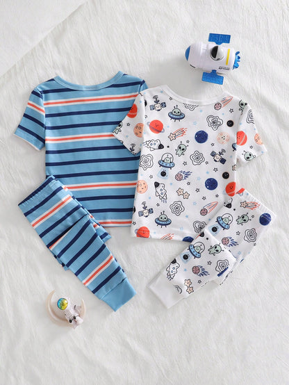 4pcs Baby Boy Comfortable Soft High Elastic Ribbed Fabric Planet Stripe All-Over Print Short Sleeve Crew Neck Long Pants Tight Pajama Set