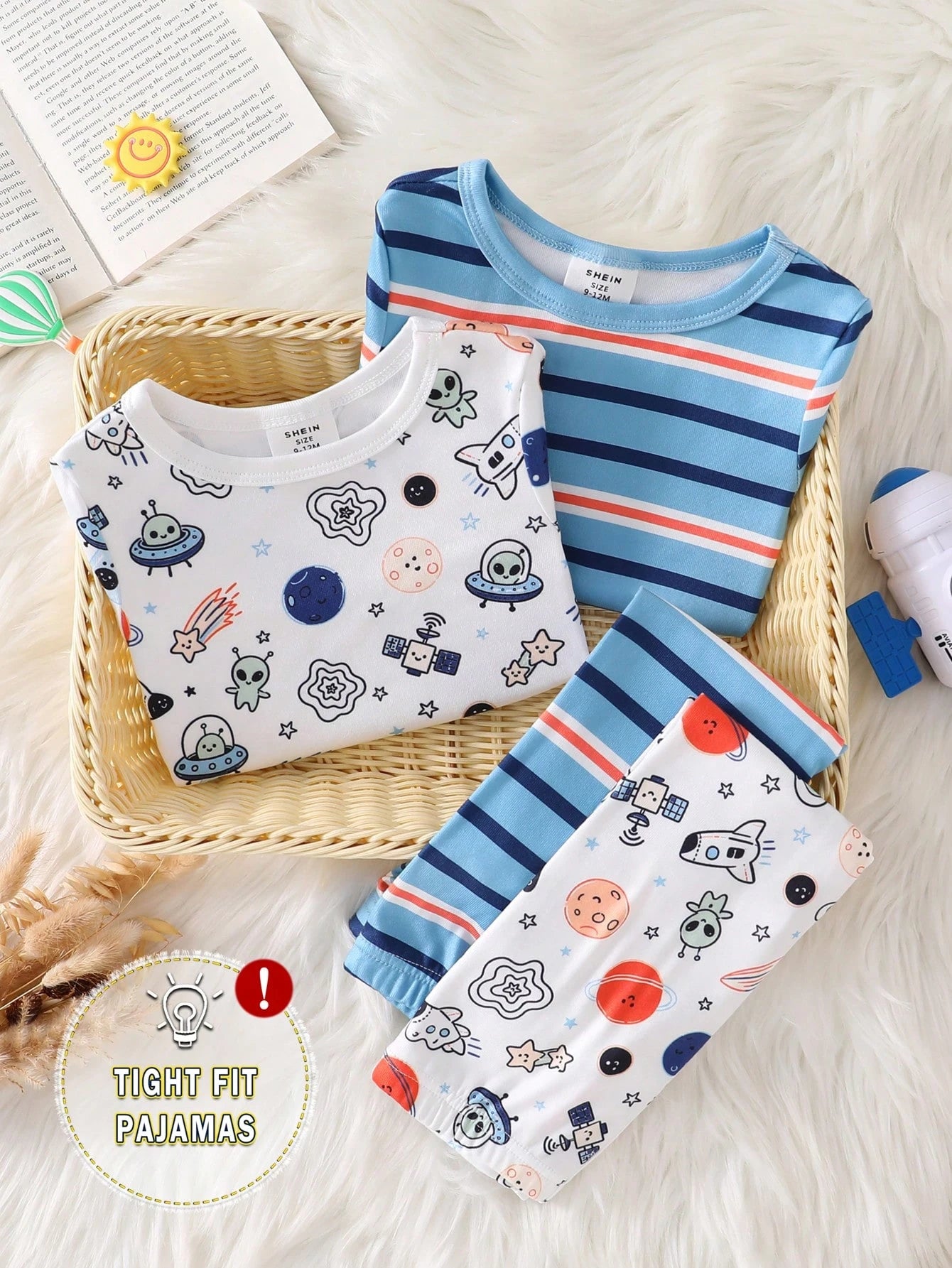 4pcs Baby Boy Comfortable Soft High Elastic Ribbed Fabric Planet Stripe All-Over Print Short Sleeve Crew Neck Long Pants Tight Pajama Set