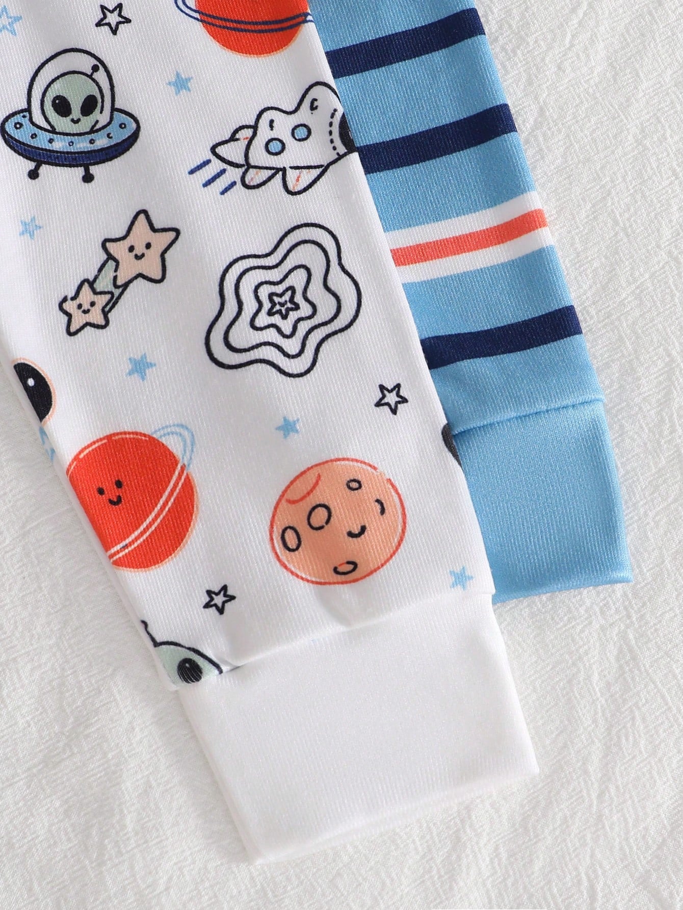 4pcs Baby Boy Comfortable Soft High Elastic Ribbed Fabric Planet Stripe All-Over Print Short Sleeve Crew Neck Long Pants Tight Pajama Set