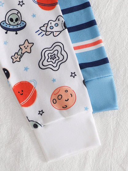 4pcs Baby Boy Comfortable Soft High Elastic Ribbed Fabric Planet Stripe All-Over Print Short Sleeve Crew Neck Long Pants Tight Pajama Set