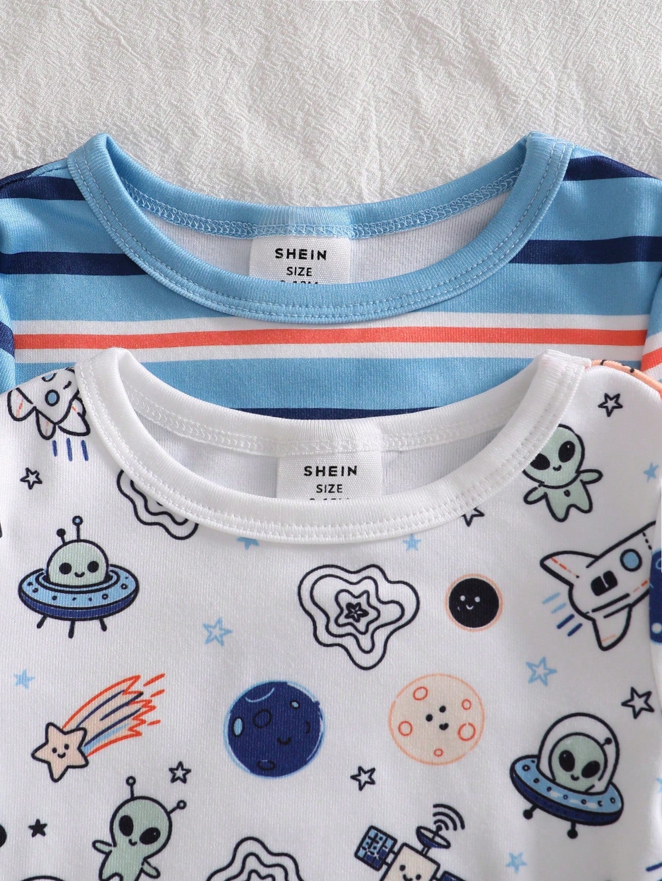 4pcs Baby Boy Comfortable Soft High Elastic Ribbed Fabric Planet Stripe All-Over Print Short Sleeve Crew Neck Long Pants Tight Pajama Set