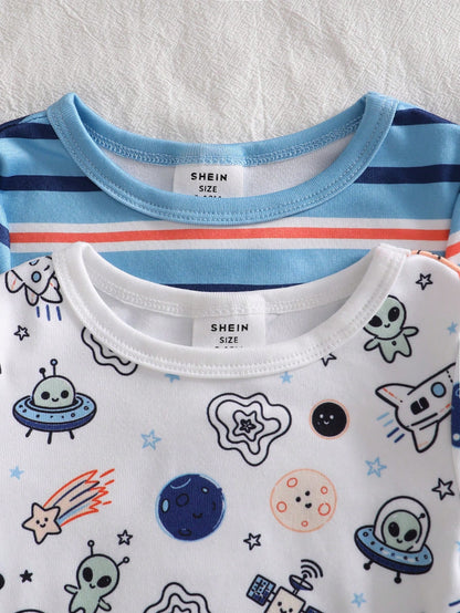 4pcs Baby Boy Comfortable Soft High Elastic Ribbed Fabric Planet Stripe All-Over Print Short Sleeve Crew Neck Long Pants Tight Pajama Set