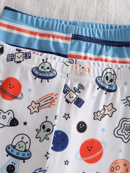 4pcs Baby Boy Comfortable Soft High Elastic Ribbed Fabric Planet Stripe All-Over Print Short Sleeve Crew Neck Long Pants Tight Pajama Set