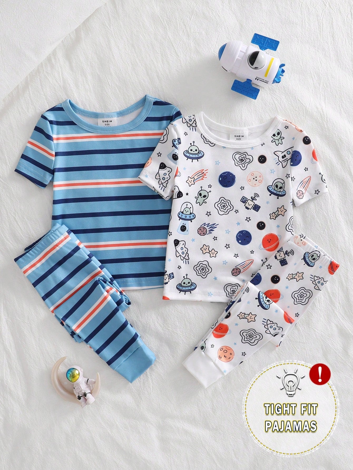4pcs Baby Boy Comfortable Soft High Elastic Ribbed Fabric Planet Stripe All-Over Print Short Sleeve Crew Neck Long Pants Tight Pajama Set