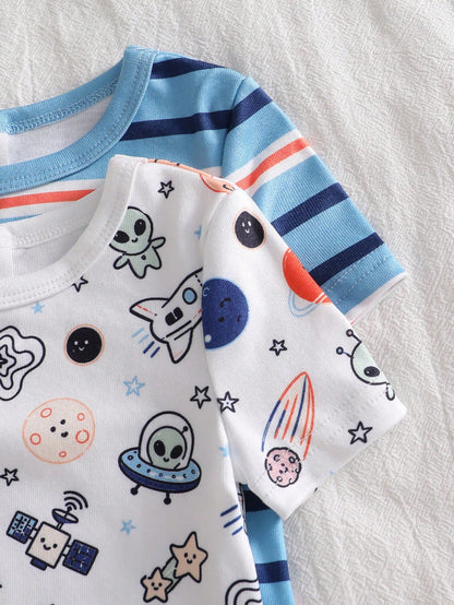 4pcs Baby Boy Comfortable Soft High Elastic Ribbed Fabric Planet Stripe All-Over Print Short Sleeve Crew Neck Long Pants Tight Pajama Set