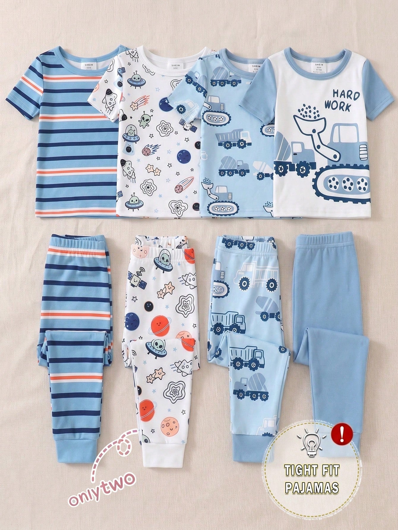 4pcs Baby Boy Comfortable Soft High Elastic Ribbed Fabric Planet Stripe All-Over Print Short Sleeve Crew Neck Long Pants Tight Pajama Set