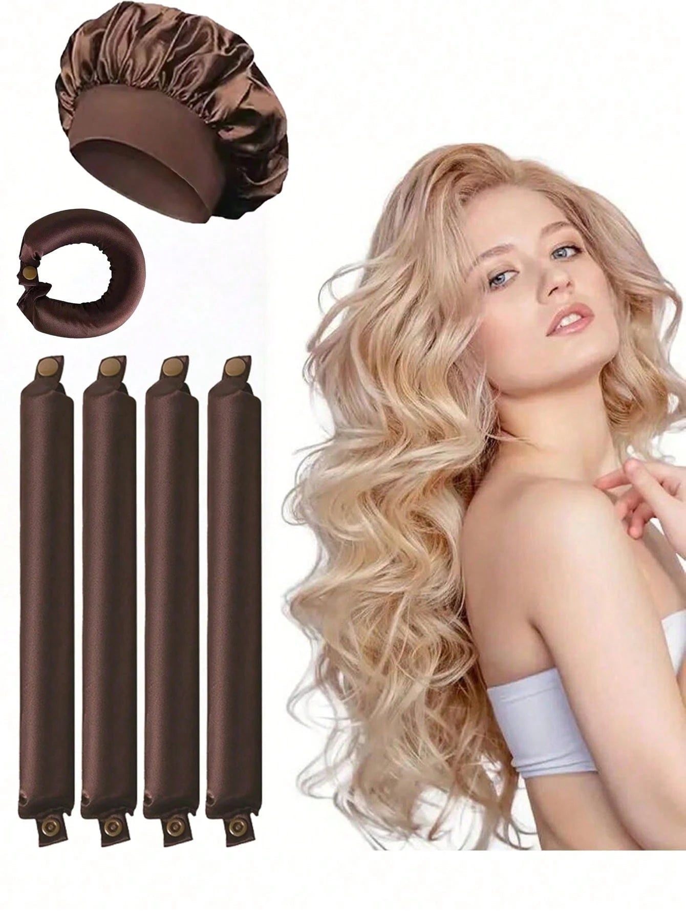 4pcs Coffee Color No-Heat Hair Curlers, Slouchy Hair Curler, Silk Hair Rollers, Elastic Headband, Long Hair Soft Curling Tools, Homemade Manual Styling Accessories, Sleep Hair Curling Device, Suitable