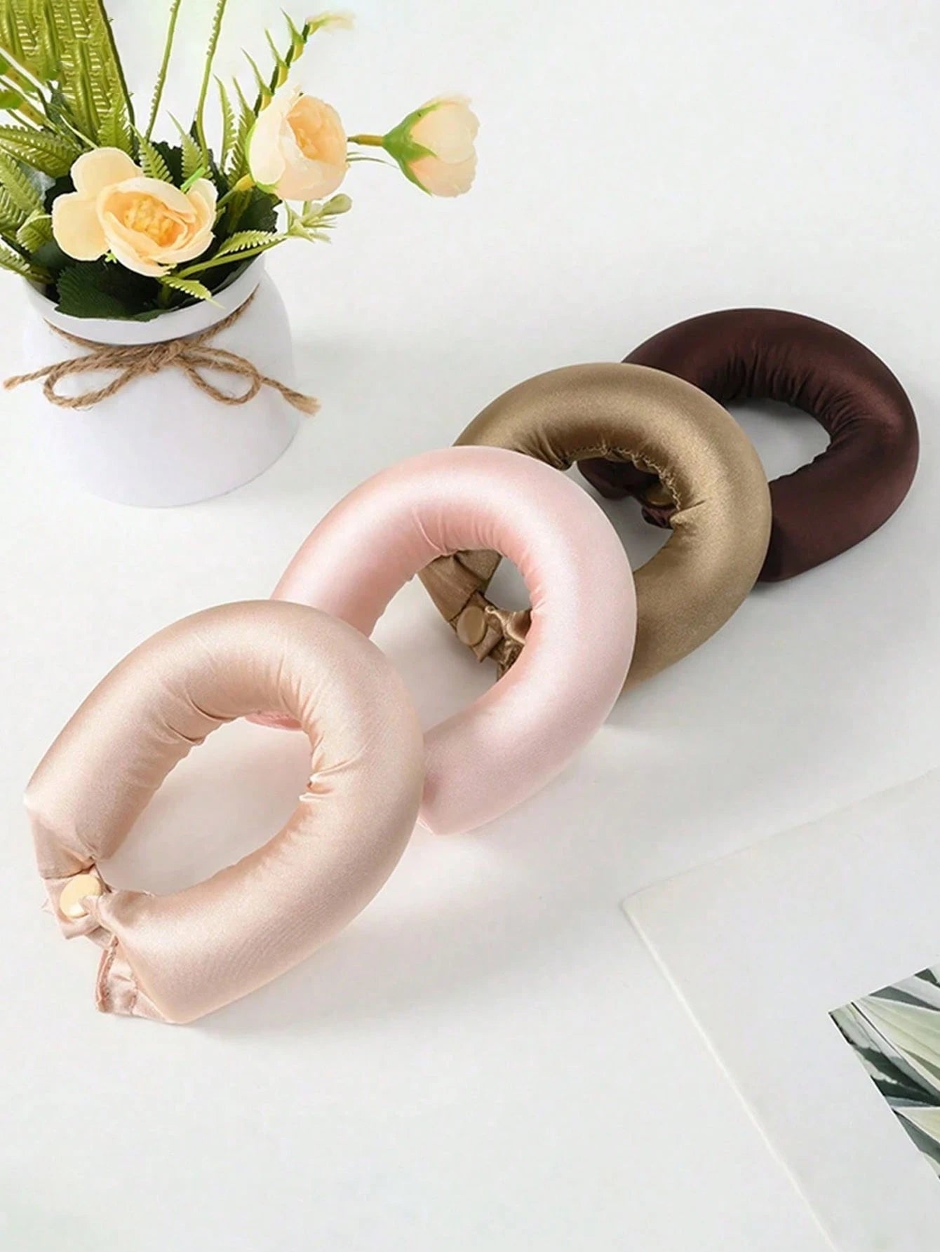 4pcs Coffee Color No-Heat Hair Curlers, Slouchy Hair Curler, Silk Hair Rollers, Elastic Headband, Long Hair Soft Curling Tools, Homemade Manual Styling Accessories, Sleep Hair Curling Device, Suitable