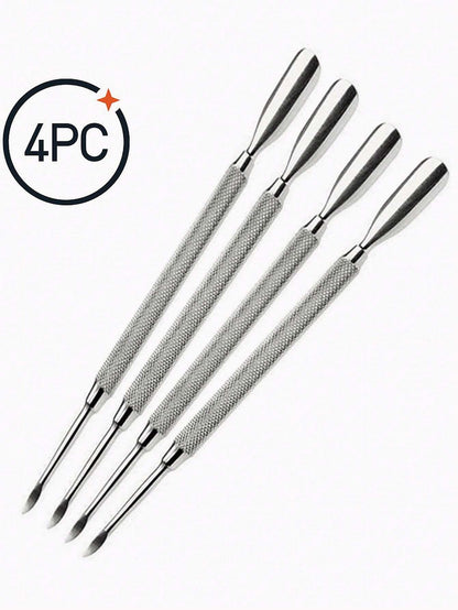 4Pcs Cuticle Pusher Double Sided- Sharp Edge Spoon Shaped Dual Ended Cuticle Pusher Remover Clean Stainless Steel Manicure Pedicure Manicure Care Tool,Nail Supplies,Nail Tools,Nail Art Tools,Back To