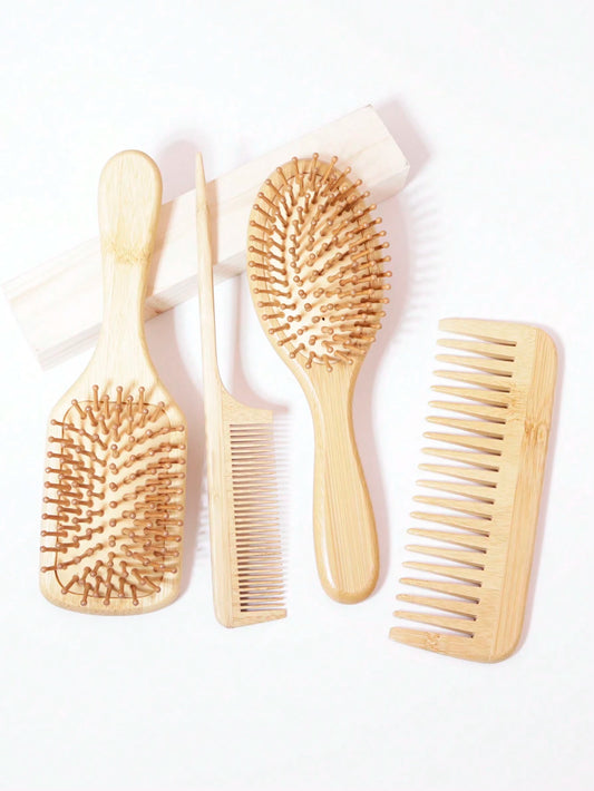 4pcs Paddle Hairbrush Bamboo Unwrapping Hairbrush And Wide Tooth Massage Curl Comb Suitable For Men And Women With Thick Curly Hair Hair Brush, Hair Brush, Comb, Hair Tools, Hair Products And Accessor