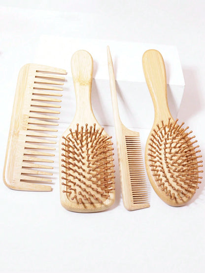 4pcs Paddle Hairbrush Bamboo Unwrapping Hairbrush And Wide Tooth Massage Curl Comb Suitable For Men And Women With Thick Curly Hair Hair Brush, Hair Brush, Comb, Hair Tools, Hair Products And Accessor
