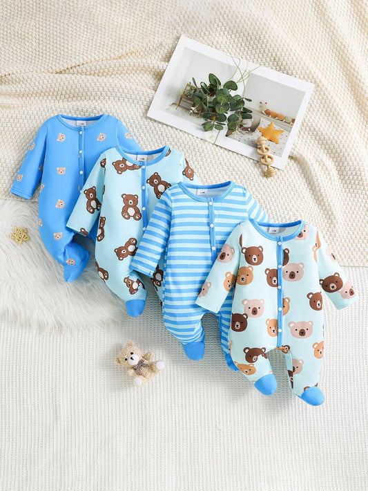 4pcs Set Newborn Minimalist Fashionable Cute Bear Print Footed Long Sleeve Jumpsuit Romper Suitable For Baby Boys And Girls