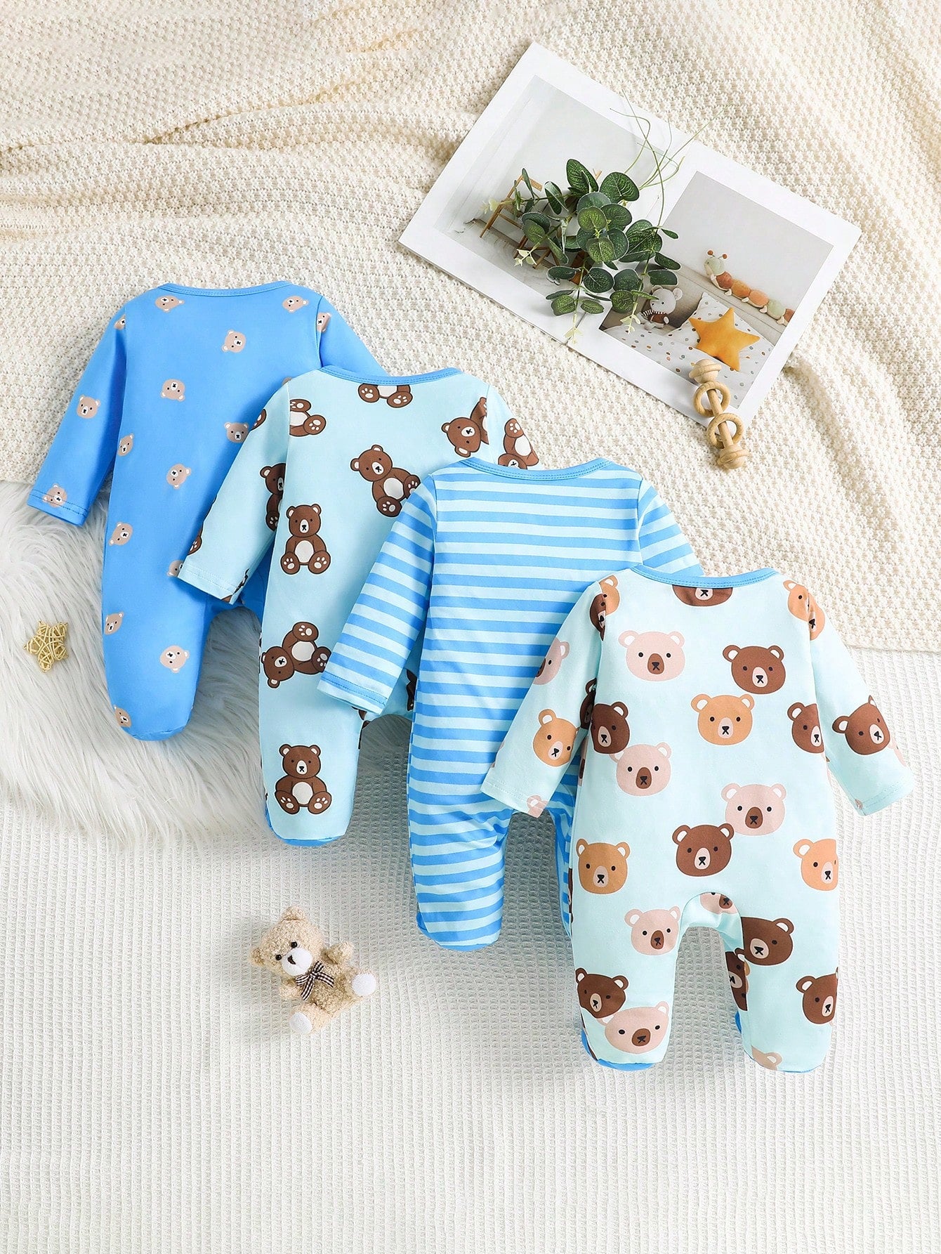4pcs Set Newborn Minimalist Fashionable Cute Bear Print Footed Long Sleeve Jumpsuit Romper Suitable For Baby Boys And Girls