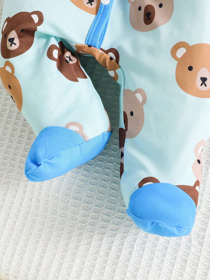 4pcs Set Newborn Minimalist Fashionable Cute Bear Print Footed Long Sleeve Jumpsuit Romper Suitable For Baby Boys And Girls