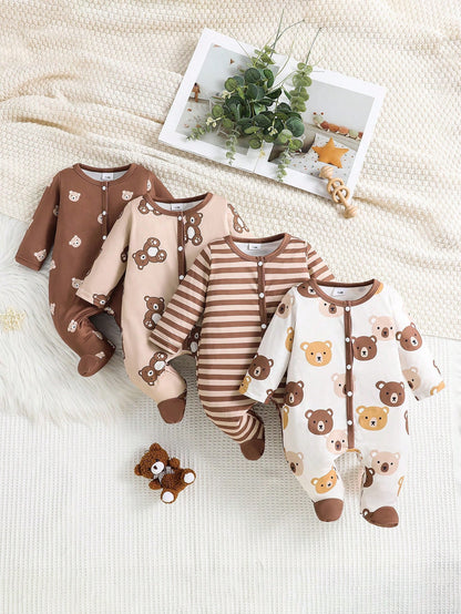 4pcs Set Newborn Minimalist Fashionable Cute Bear Print Footed Long Sleeve Jumpsuit Romper Suitable For Baby Boys And Girls