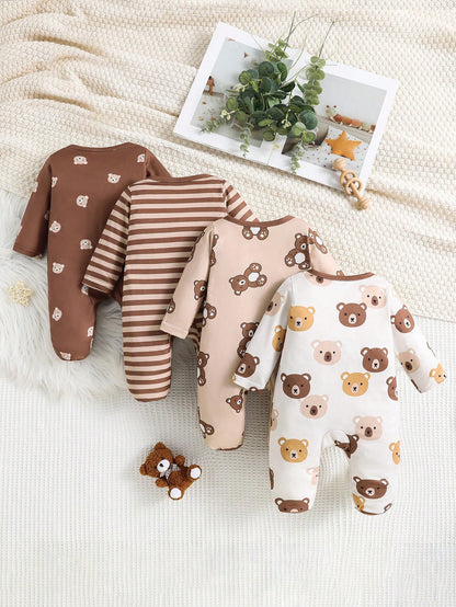 4pcs Set Newborn Minimalist Fashionable Cute Bear Print Footed Long Sleeve Jumpsuit Romper Suitable For Baby Boys And Girls