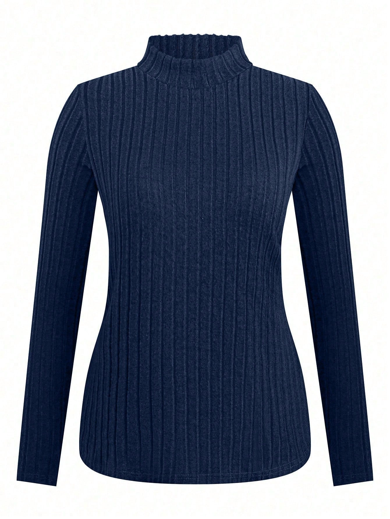 4pcs/Set Plus Size Women Ribbed Texture High Neck Fitted Casual Basic T-Shirt, Autumn/Winter Fall